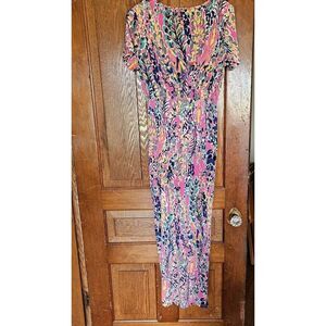 Beeson River Artistic Print Ruched Maxi Dress Cap Sleeve High Slit Women's Large